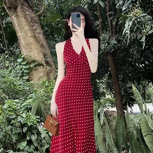 Váy cổ chấm bi chấm bi màu đỏ dành cho nữ, thích hợp cho du lịch, kỳ nghỉ bên bờ biển và trang phục đi biển