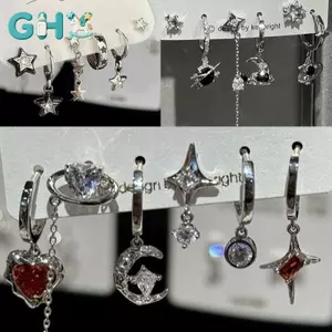 GHX 6 CÁI BỘ Goth Punk Vintage Thẩm Mỹ Pha Lê Trái Tim Mặt Trăng Chữ Thập Ngôi Sao Mặt Dây Chuyền Bông Tai Dành Cho Nam Nữ Grunge Y2K Phụ Kiện Trang Sức VN