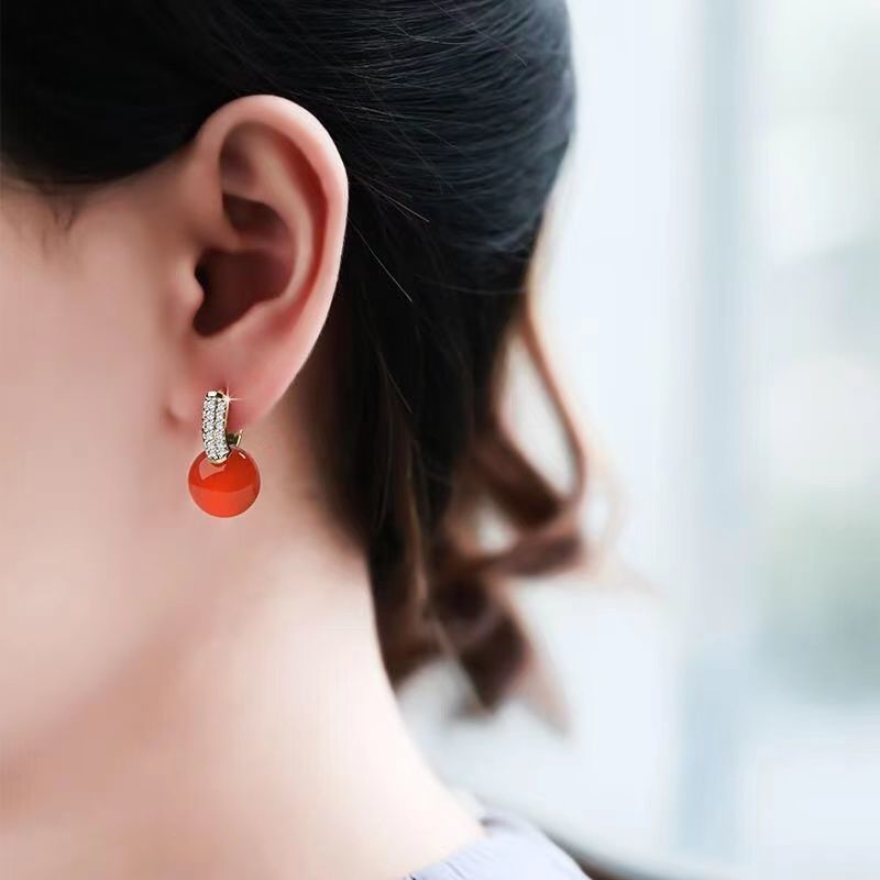Bông tai hạt tròn Chalcedony tự nhiên thời trang và thanh lịch