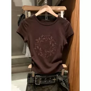 2026 Phong cách mới màu nâu ngắn tay Cotton co giãn vải thoải mái in hoa Slim-fit Thợ may Sli