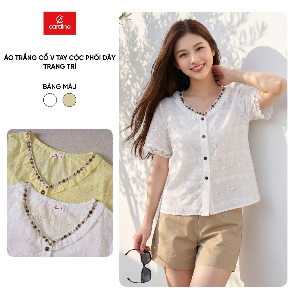 Áo kiểu nữ CARDINA chất liệu thô thêu cổ V tay cộc phối dây trang trí 6AKC27