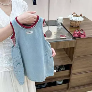 Váy dây đeo Denim phong cách mới cho bé gái (90-140) Áo Vest sọc đáy + Váy phong cách Hàn Quốc