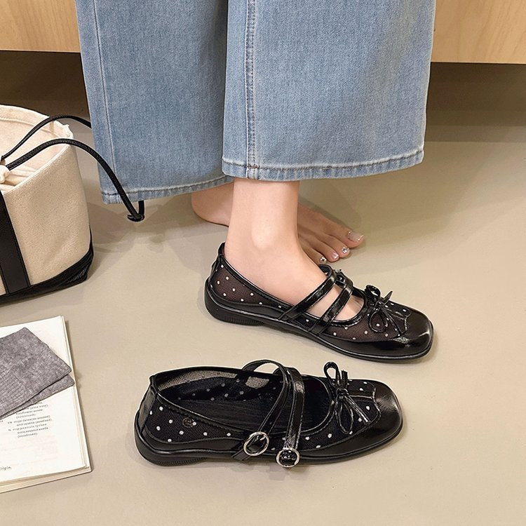 Mùa Hè Phong Cách Mới Phong Cách Pháp Mũi Vuông Lưới Thoáng Khí Chấm Bi Giày Thời Trang Nơ Ngọt Ngào Đế Mềm Thoải Mái Mặc Bên Ngoài Chống Trơn Trượt Chống Mài Mòn Mary Jane Nhà Máy Giày Ai