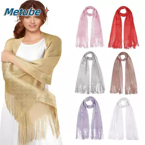 Khăn lụa tua rua ren METUBE, Khăn quàng cổ mỏng màu bạc vàng sáng bóng, Khăn quàng cổ chống nắng thời trang yếm ấm cổ cho bữa tiệc cưới buổi tối