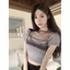 Thiết kế Sense Gạc Khâu cổ vuông Áo thun ngắn tay nữ mùa hè Phong cách mới Hot Girl Gợi cảm xếp li ngắn
