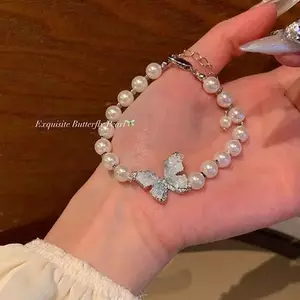 Vòng tay đính cườm ngọc trai hình con bướm băng xanh nghiền nát dành cho nữ Ánh sáng sang trọng Vòng tay tinh tế Phụ kiện giá trị cao Quà tặng