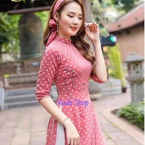 Áo dài truyền thống chấm bi lụa hàn châu may sẵn