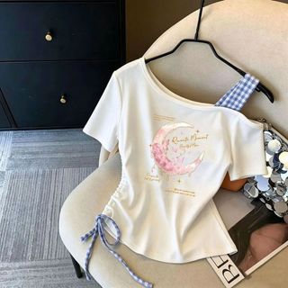 Áo thun bé gái mùa hè tay ngắn lệch vai rút dây thời trang - áo cotton in hình dễ thương