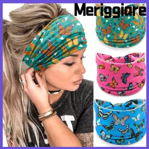 Băng đô rộng MERIGGIARE, Khăn xếp đàn hồi Boho, Lông rộng in hoa Vintage Thắt nút in khăn trùm đầu Yoga