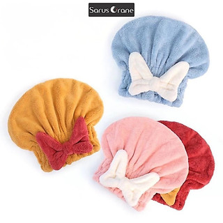 Mũ Ủ Tóc Khô Nhanh Vải San Hô Nơ Xinh - Khăn Quấn Đầu Microfiber Dày Dặn, Giảm Rụng Tóc