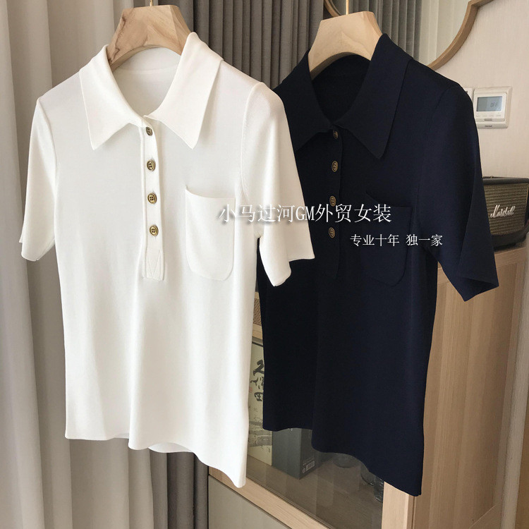 Áo thun dệt kim cổ polo mỏng kiểu Pháp Áo thun ngắn tay nữ