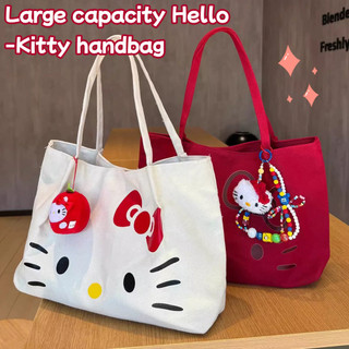 [Đến 3-5 ngày] Túi đeo vai bằng vải Canvas nữ in hình Hello Kitty, Túi Tote nhẹ dung tích lớn để đi học, Chất liệu bền bỉ Thời trang dễ thương