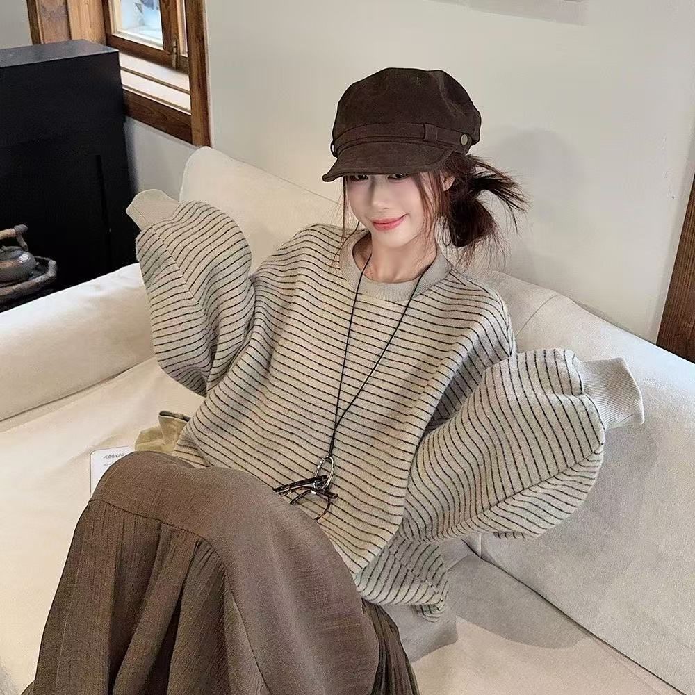 Kii Wii Áo nỉ sọc đa năng cổ tròn mùa thu dành cho nữ 250919