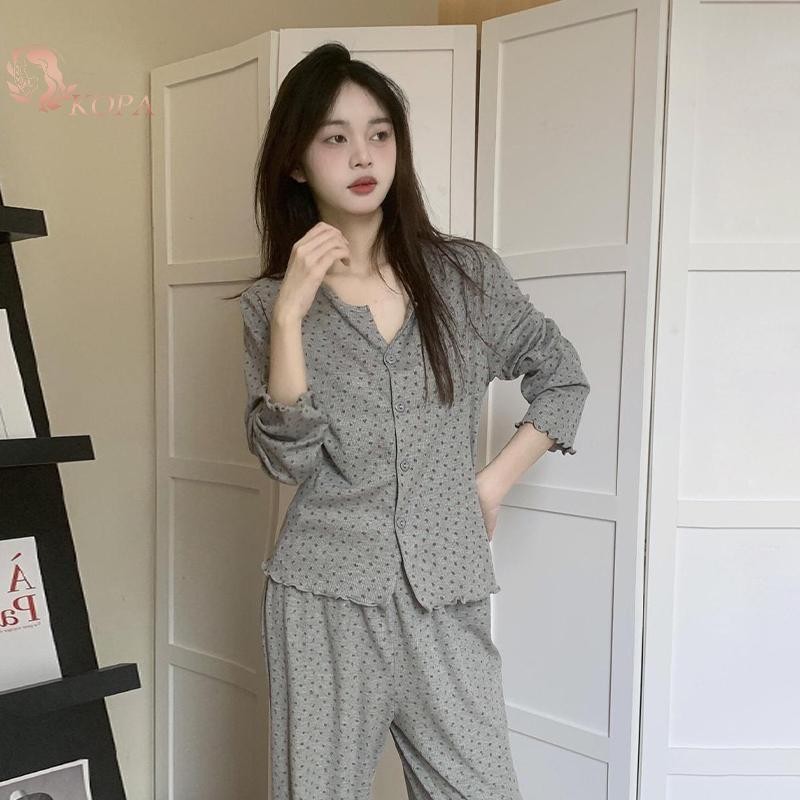 KOPA Retro Bộ Đồ Ngủ In Hoa Ngọt Ngào Cho Nữ Mùa Hè - Cardigan Tay Dài & Quần Rời