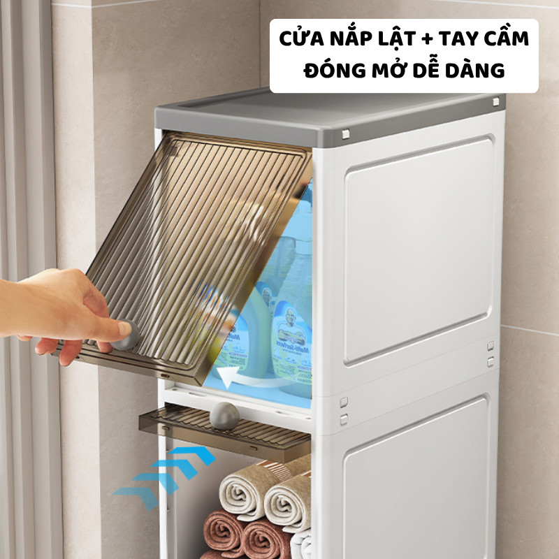 Tủ Nhựa Gấp Gọn Phòng Tắm ENODA HOME, Tủ Cửa Lật Trong Suốt Đựng Đồ Đa Năng Có Bánh Xe Di Chuyển Tiện Lợi TUN003
