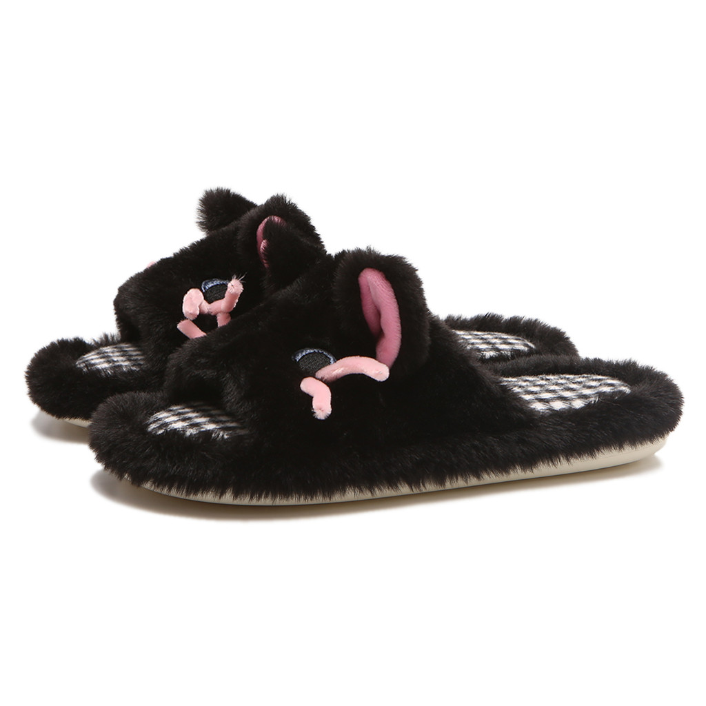 XIXITIAO Dép Cotton Nhỏ Đen Catwoman Thu Đông Phong Cách Mới Đế Mềm Thoải Mái Sinh Viên Trong Nhà
