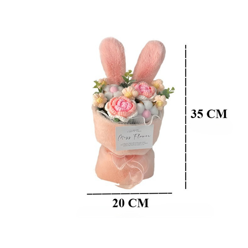 Bó Hoa Hồng Len Tai Thỏ Bunny, Hoa Hồng Len Kèm Túi Thiệp Đèn LED Dễ Thương,Quà Sinh Nhật Cho Cô Gái