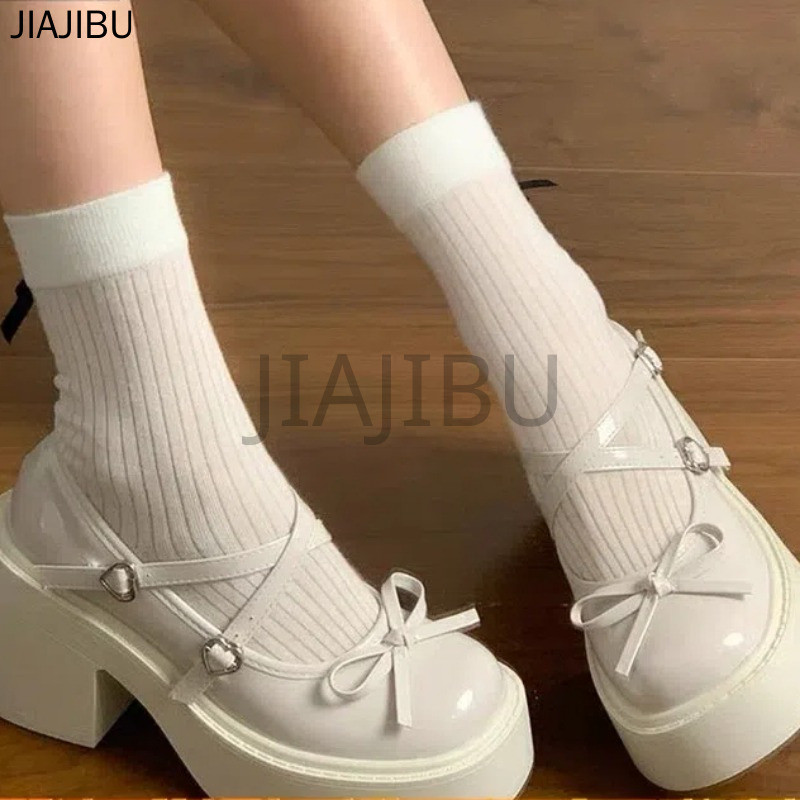 Nhật Bản JK Gothic Gothic Màu Be/Đen Khóa Trái Tim Phong Cách Công Chúa Nhỏ Giày Da Cho Bé Gái Giày Cao Gót Mũi Tròn Khóa Đôi Chống Trượt Phong Cách Đại Học Anh Quốc Dành Cho Nữ Korean Fashion Casual Cosplay Platform Mary Jane Doll Shoes