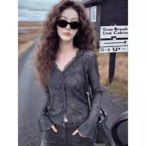 Áo thun Cardigan cổ chữ V họa tiết tối mùa hè mỏng phong cách nấm viền loe tay áo eo hẹp mỏng hơn nhìn hàng đầu