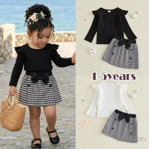 1-5 Tuổi Trẻ Em Bé Gái Trang Phục Mùa Đông Đáng Yêu Màu Trơn Dài Tay Cổ Tròn Và Bộ Váy Houndstooth