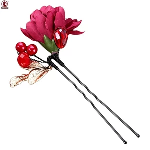 Kẹp tóc cô dâu vải màu đỏ cho váy nướng bánh mì cưới Phụ kiện thủ công truyền thống