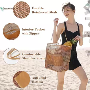 BeautifulHomeA Túi đi biển có thể gập lại Túi lưới Tote Túi đeo vai nữ Túi du lịch ngoài trời mùa hè VN