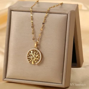Phổ Biến Tròn Rỗng Cây Sự Sống Mặt Dây Chuyền Vòng Cổ Phong Cách Châu Âu Mỹ Nữ Zircon Vòng Cổ Hình Học Xương Đòn Dây Chuyền
