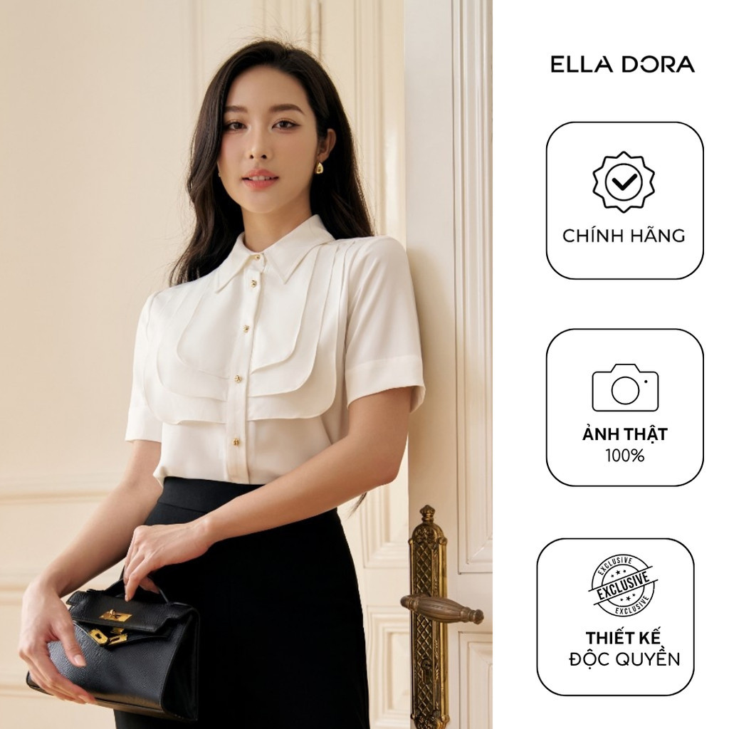 Áo sơ mi công sở nữ ELLA DORA thiết kế li hợp tay ngắn form suông hiện đại dễ mặc màu TRẮNG [SM179]