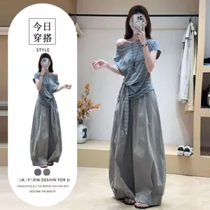Áo ngắn tay sọc không dây lệch vai thiết kế phong cách Hàn Quốc + Bộ hai mảnh Quần áo nữ mùa hè