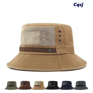 Mũ ngư dân CQCJ, Mũ xô màu trơn Cotton giặt, Nút chụp cổ điển có dây chống gió Mũ chống nắng nam và nữ