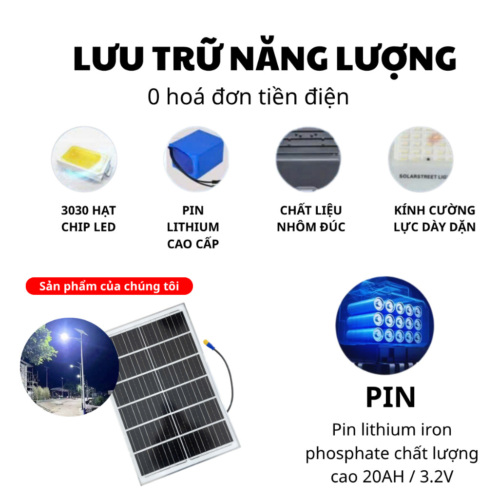 Đèn Đường Năng Lượng Mặt Trời 400W Chip LED SMD 3030 Pin Lithium Chống Nước IP67 Bảo Hành 5 Năm