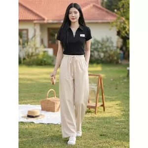 Quần dài nữ CARDINA chất liệu vải đũi dáng suông cạp chun giả rút dây 6QDT16