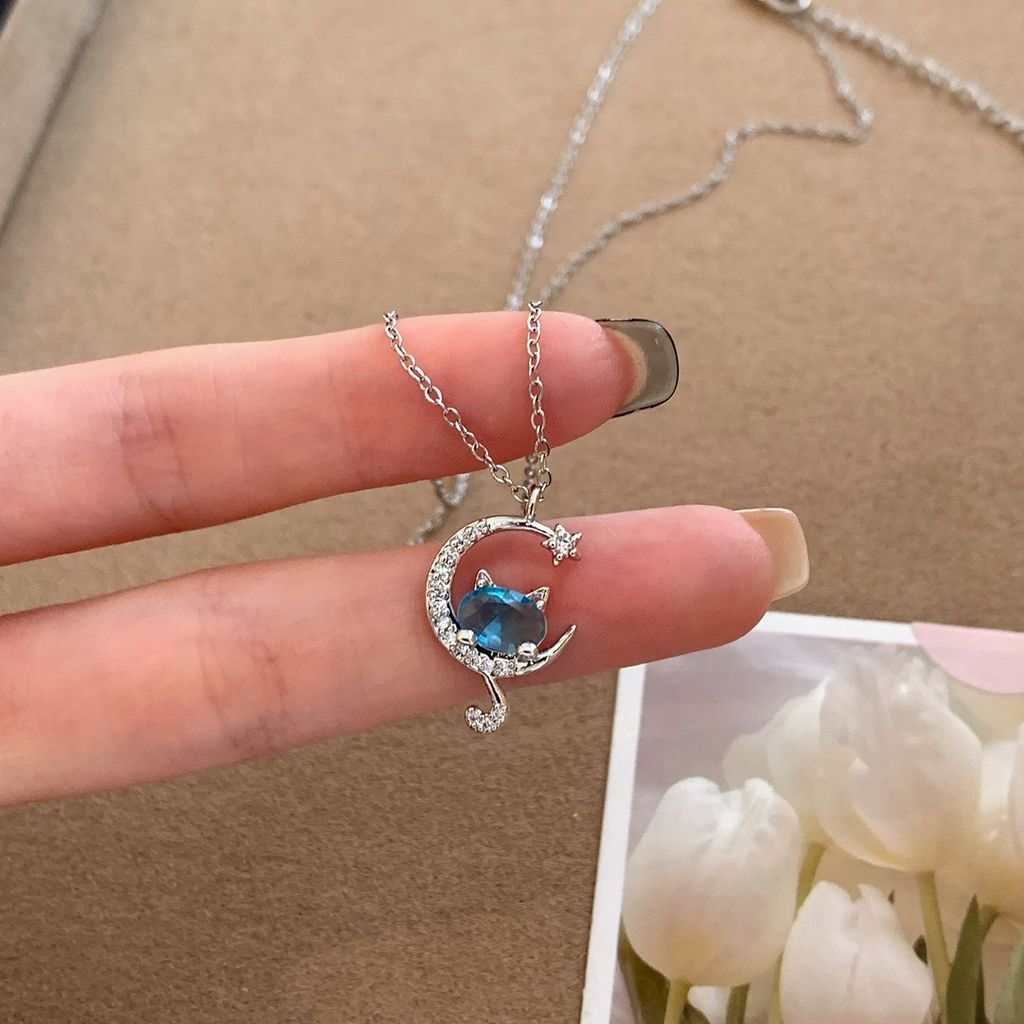 Mặt dây chuyền mèo mặt trăng Vòng cổ bạc dài