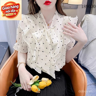 Giao hàng nội địa từ Việt Nam Pháp Nơ Xù Chấm Bi Áo Sơ Mi Nữ Mùa Hè Rời Tay Ngắn Voan Áo Thiết Kế Thời Trang Hàng Đầu