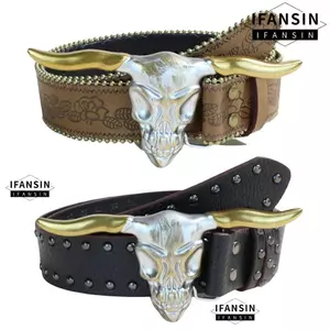 Thắt lưng da khóa đầu lâu IFASIN Bull, Thắt lưng cao bồi thiết kế sang trọng thương hiệu hợp thời trang, Thắt lưng đinh tán rộng 3,8cm kiểu cổ điển dành cho nam nữ