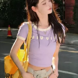 Áo thun ngắn hàng đầu màu sắc tương phản cổ tròn tay ngắn Slim-fit Mỹ phù hợp với mọi trận đấu