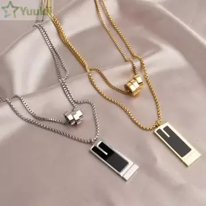 Vòng cổ mặt dây chuyền vuông YUUKII, Vòng cổ hai lớp hợp kim tinh tế, Vòng cổ dây chuyền áo len màu vàng nhiều lớp Trang sức nữ