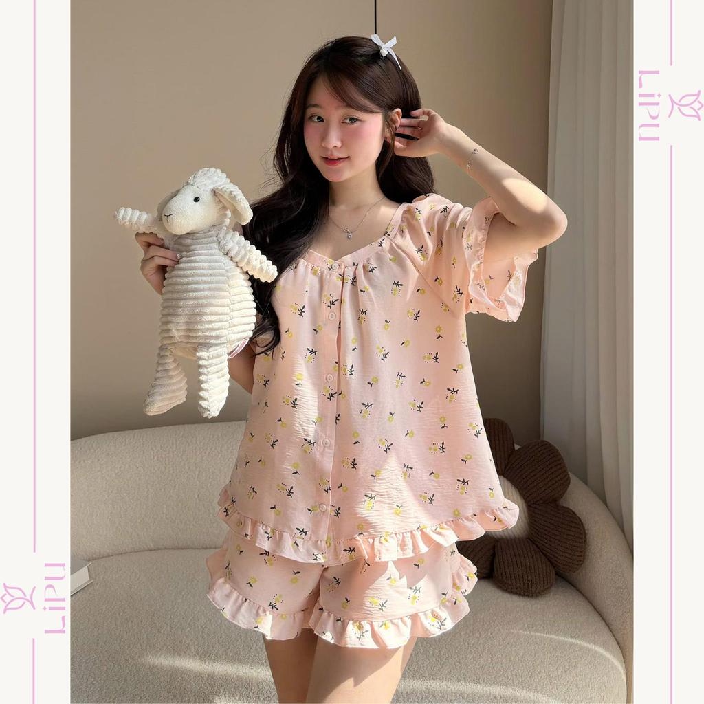 Set Pyjama Cộc Cổ Vuông Hoạ Tiết Hoa Nhí Phối Bèo S03 LIPU