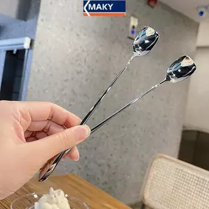MAKY 20CM Thép không gỉ Tay Cầm Dài Thìa Khuấy Sáng Tạo Kem Món Tráng Miệng Muỗng Hàn Quốc Cotail Cà Phê Trà Trộn Thìa Flatware VN