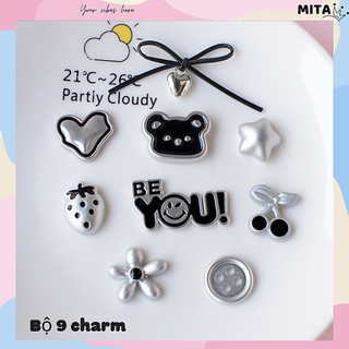 Bộ 9 Sticker, Charm 3D chủ đề Gấu nút bạc nhựa cứng gắn Dép Sục, Cá Sấu Mita JB-390