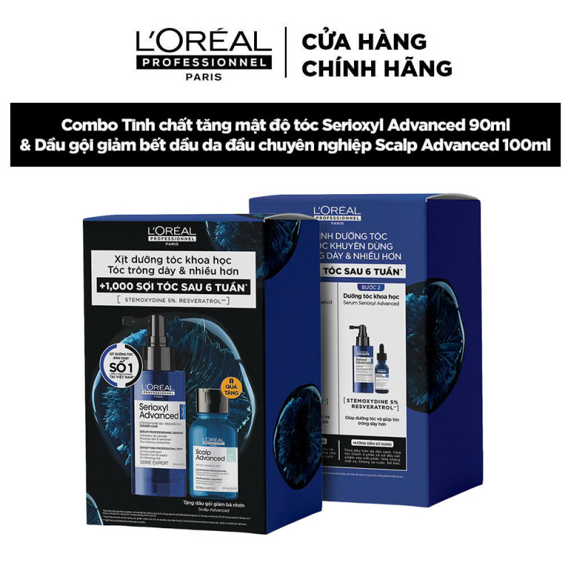 Combo Tinh chất tăng mật độ tóc Serioxyl Advanced 90ml & Dầu gội giảm bết dầu da đầu Scalp Advanced 100ml