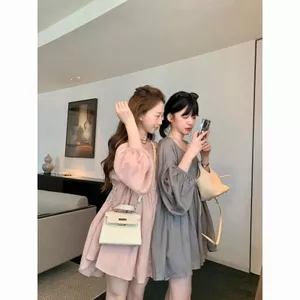 Váy búp bê màu hồng phong cách Preppy Phong cách Hàn Quốc dáng rộng mỏng hơn trông Váy dài tay thông thường