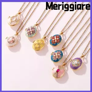 Vòng cổ mặt dây chuyền hình ảnh MERIGGIARE, Trang trí ngọc trai bằng đồng thau có thể mở được, Khung trang trí Zircon có thể mở được Vòng cổ tráng men cổ điển không phai màu dành cho nữ