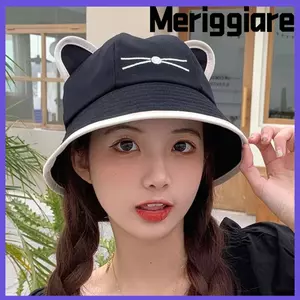 Mũ xô nữ MERIGGIARE, Mũ vành rộng bằng vải Cotton hoạt hình, Tai mèo Y2K Mùa xuân Mùa hè đi biển Tour Mũ che nắng Mũ Panama