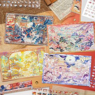 Giấy Mark Jiuzhong Xianque Series + Shuchak Mingxiao Series Ba Chiều Mạ Vàng Xếp Hình Cảnh Quan Miếng Dán Thu Nhỏ Cảnh Tự Làm