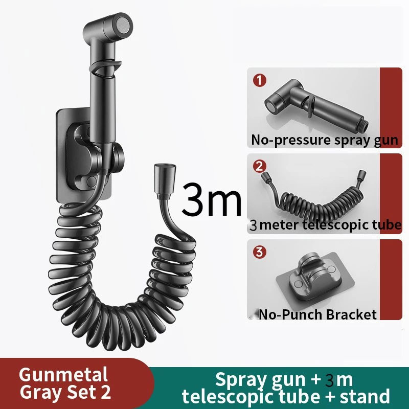 Bộ Bình Xịt Vệ Sinh Phòng Tắm, Lắp Đặt Không Cần Khoan, (bao gồm đầu phun + ống nối 3 mét + giá đế cố định)
