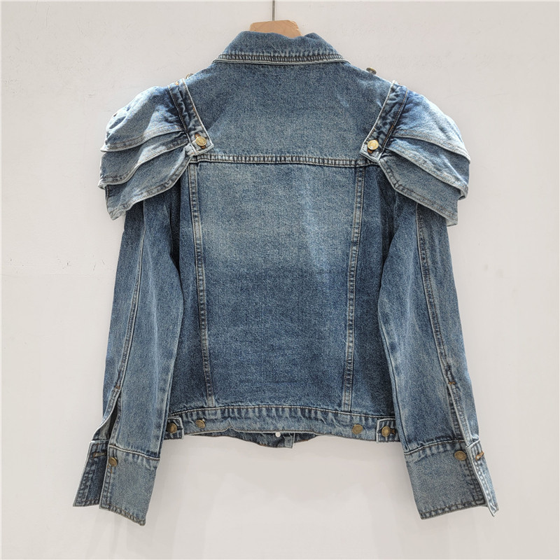 Áo khoác denim nữ retro phong cách Anh Quốc, thiết kế xếp nếp, phù hợp cho mùa mới
