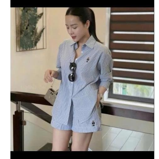 Set Bộ Áo Sơ Sọc Kẻ Thêu Gấu Kèm Quần Short Thun Năng Động, Chất cotton Thoáng Mát Dày Dặn - Có bigsizeBs078