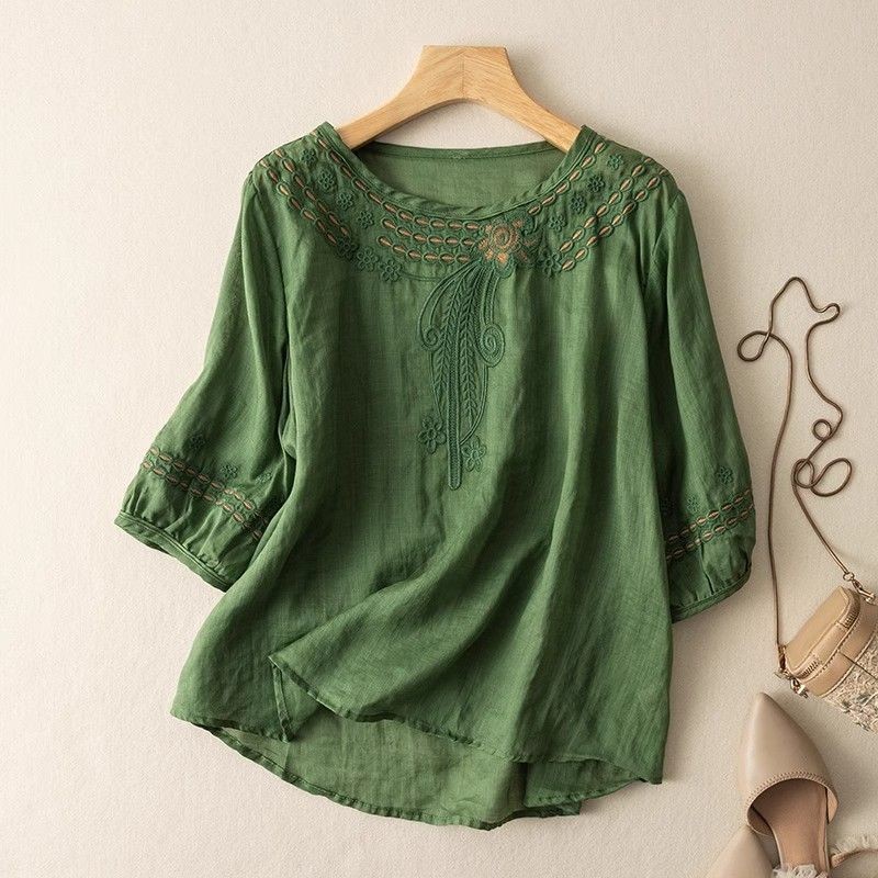 Áo thun cotton và vải lanh phong cách dân tộc cổ điển, thêu, dáng rộng cho mùa hè