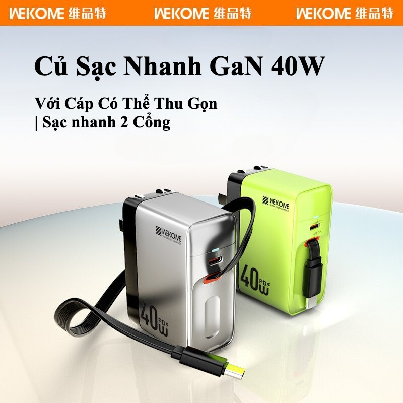 Củ Sạc nhanh GaN 40W - Hãng WEKOME- kèm dây rút – Type C dài 82cm - Sạc nhanh PD - Bảo hành 6 tháng